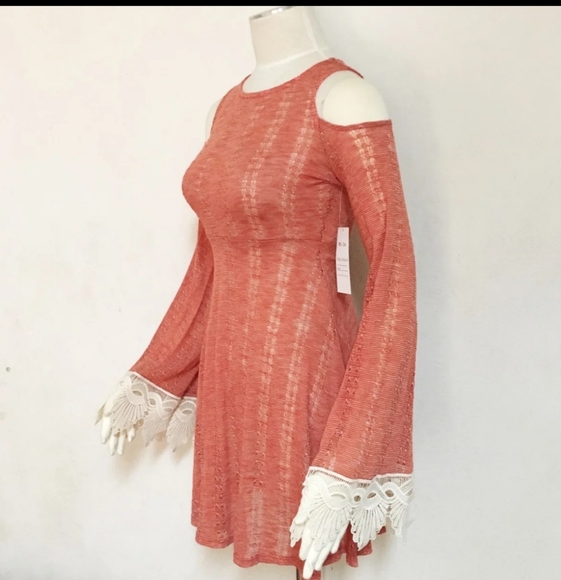 💣5/$35 LACE CROCHET BELL SLEEVE☆BOHO KNIT DRESS - Picture 2 of 8